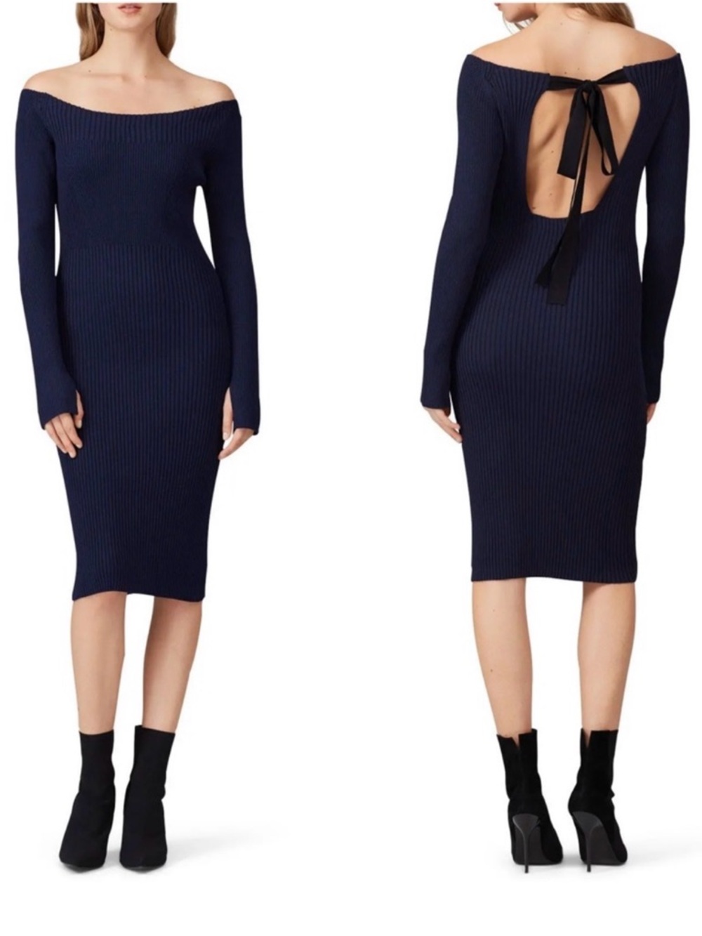 Jason Wu Navy Off-Shoulder Ribbed Midi Dress with Back Bow